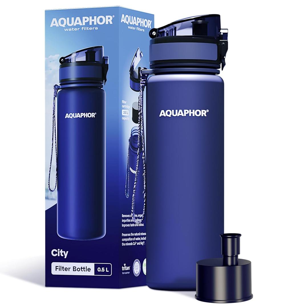 AQUAPHOR City Filtered Water Bottle in Tritan BPA-free - Portable with Integrated Water Purifying Filter 500 ml - Navy (16.9 Ounces)