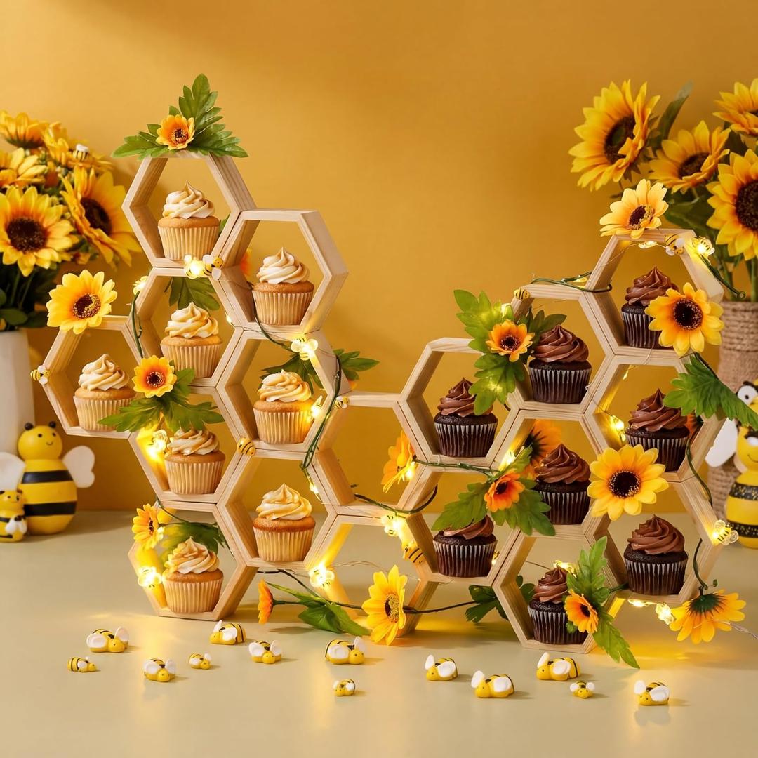 Gerrii 18 Pcs Mini Honeycomb Cupcake Stands Wooden Hexagon Cake Holders with Bees, Bee String Lights, Sunflower Vine Garlands for Baby Bee Gender Reveal Birthday Baby Shower (4.1 Inches,Natural)