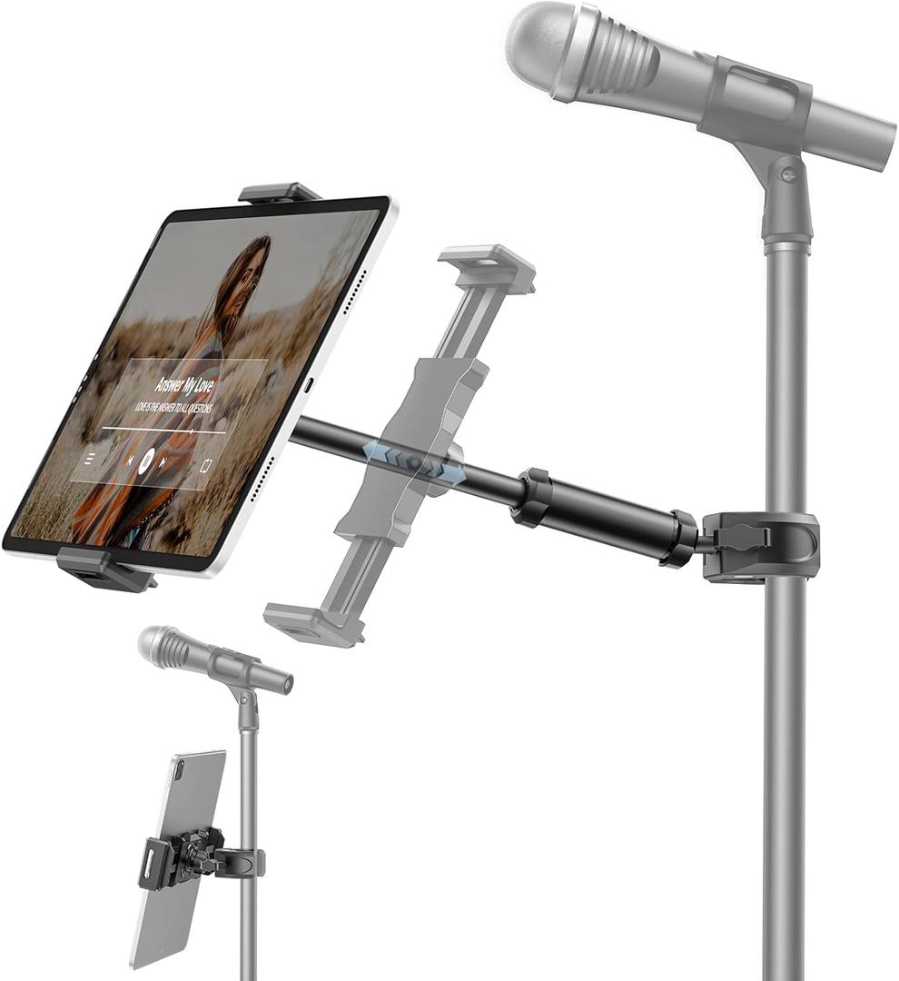 KDD iPad Holder for Mic Stand, Adjustable Tablet & Phone Mount for Microphone Music Stand, Fitness Bike Handlebar Bracket, Fit for iPad Pro 12.9, Air, Mini, Galaxy Tabs, iPhone(4.7-13)