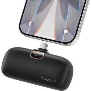 Kuulaa Portable Phone Charger with Built-in USB-C Plug, 5000mAh Mini Portable Charger Power Bank Small Battery Pack for iPhone 15/16/17 Samsung S24/S23 & Android (Black)