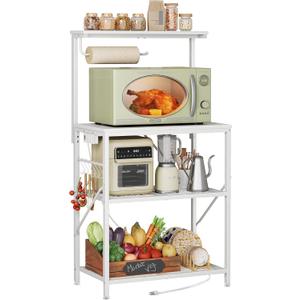 Huuger 4-Tier Bakers Rack with Reversible Power Outlet, 23.6 Inch Microwave Stand, Kitchen Coffee Bar, with Top Shelf, 6 S Hooks, White