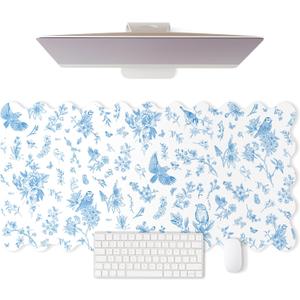 Hahafelt Scalloped Desk Mat Large Blue and White Floral Chinoiserie Mouse Pad 35.4'' x 15.7'' Vintage Nonslip Rubber Keyboard Pad for Laptop Computer Keyboard Vanity Work Home Decor