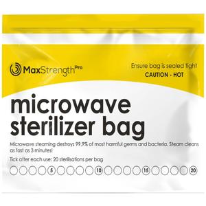 Max Strength Pro Microwave Steam Sterilizer Bags 20pc for Baby Bottles, Soothers, Teethers, Breast Pump Parts, Training Cups, Accessories, Reusable Large Bags, 20 Uses Per Bag, Easy Tracking System