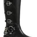 AMINUGAL Knee High Boots Women Square Toe Pull On Wide Calf Riding Fashion Buckles Chunky Metallic Casual Vintage Buckle Rivet (8.5)