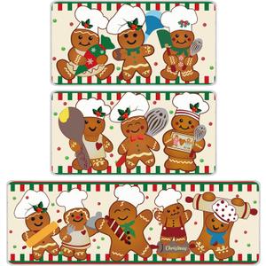 Dunzy 3 Pcs Christmas Cooking Gingerbread Winter Kitchen Rugs and Mats Set Kitchen Floor Mats Anniversary Seasonal Decor Xmas Winter Holiday Cooking Gingerbread Bathroom Rug for Indoor Holiday