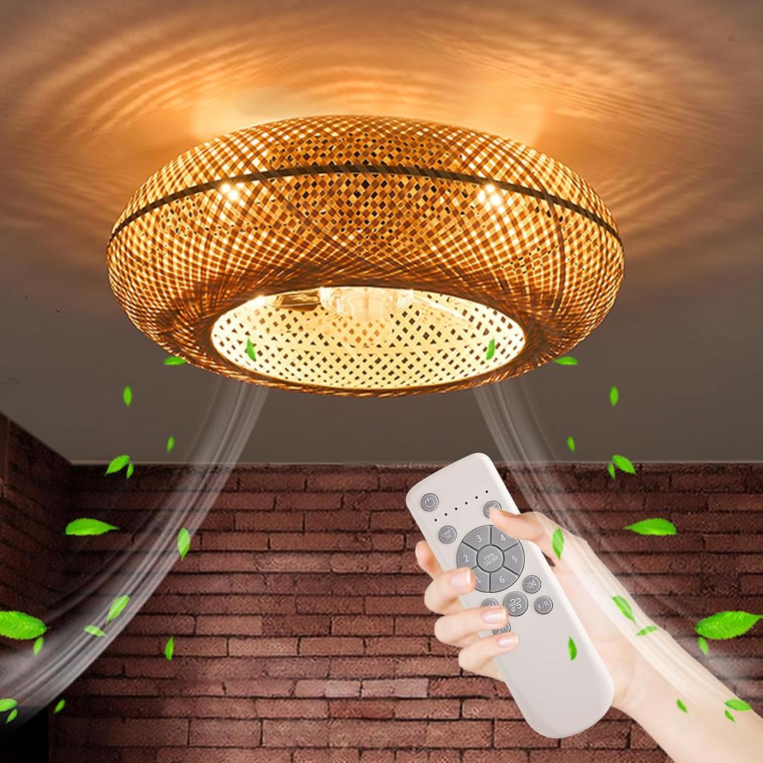 20" Boho Cage Ceiling Fan With Light And Remote Control, Low Profile Bamboo Ceiling Fan, Enclosed Timing 6 Speeds Reversible, For Bedrooms, Living Rooms, Kitchens, Farmhouses