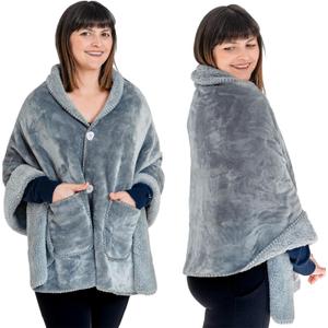 Premium Double Layer Poncho Blanket -No Sleeves Easy On Easy Off- Drape and Go- Top Christmas Gifts for Grandma, Gift for Mom and Elderly Women (Silver Grey)
