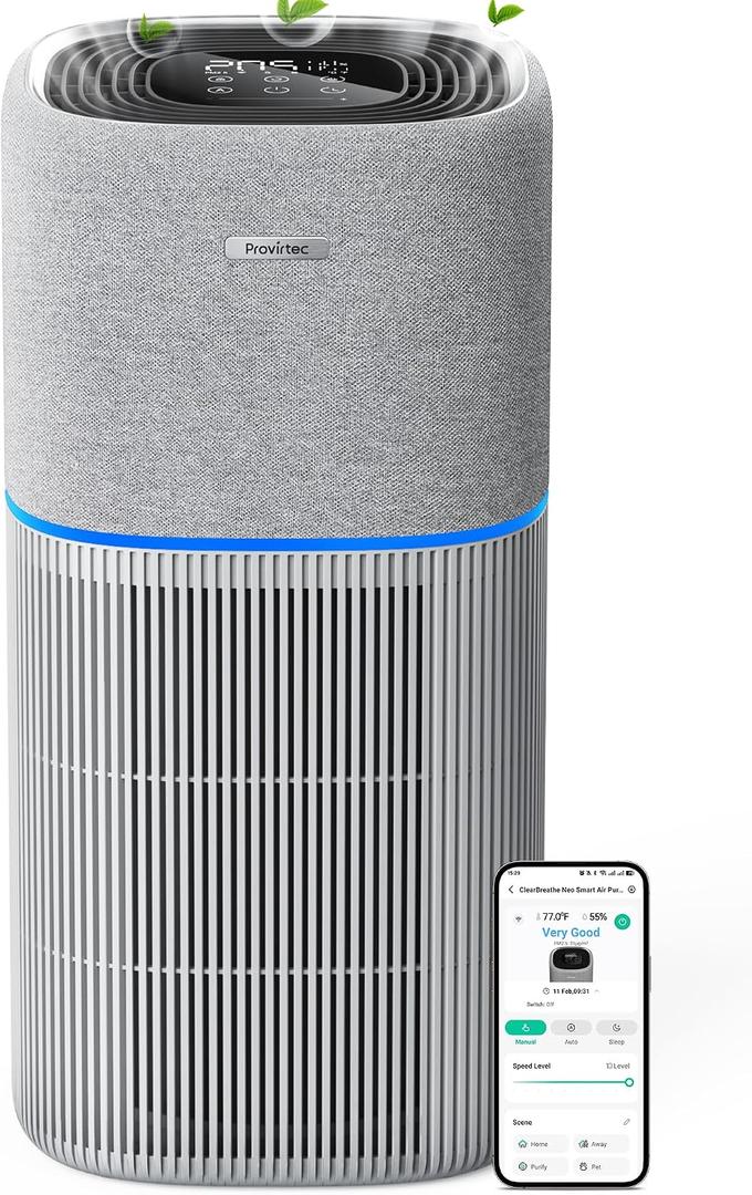 Provirtec PureSpeed Air Purifiers for Home Large Room, with 5-Stage HEPA Filter, Captures 99.97% of Pet Hair, Smoke, Dust, Sleep Mode, Auto Mode, Air Quality Monitor, Smart WiFi, AP-02