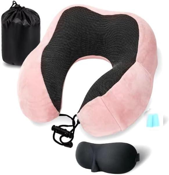 100% Pure Memory Foam Travel Pillow with Phone Pocket  Breathable Neck Support, Washable Cover, 3D Eye Mask, Earplugs & Carry Bag  Perfect for Long Flights (Pink)