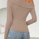 MEROKEETY Women's Long Sleeve Off Shoulder Tops 2025 Fall Ruched Fitted Going Out Asymmetrical Tee Shirts (Beige, M)