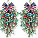 2 Pack 21'' 4th of July Swag Wreaths for Cabinets Independence Day Floral Teardrop Wreath with Artificial Flower and Eucalyptus Leaves Wreath Hanger for Farmhouse Front Door Porch Window Wall