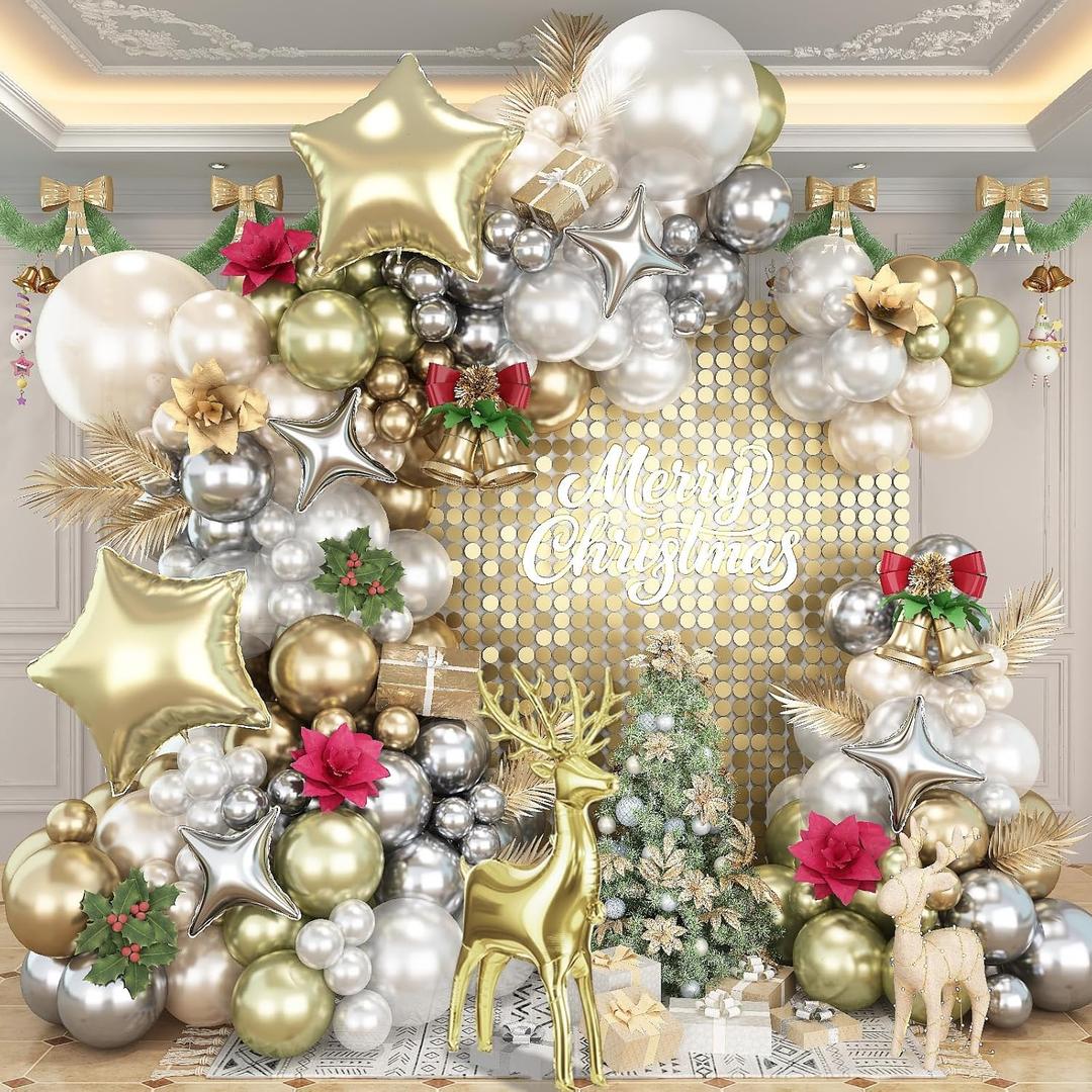 117Pcs White Gold Christmas Balloon Arch Kit, Pearl Sand White Silver Champagne Gold Balloons with Foil Star & Reindeer Balloons Garland for Holiday New Year Party Winter Wonderland Xmas Decorations