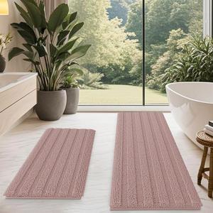 ACCUMTEK Striped Dusty Pink Bathroom Rug Mat Set 2 piece 24"x17"+48"x20" Ultra Soft, Non Slip Chenille Bath Rugs, Absorbent Plush Shaggy Bath Mats for Bathroom, Bedroom, Kitchen, Shower, Tub