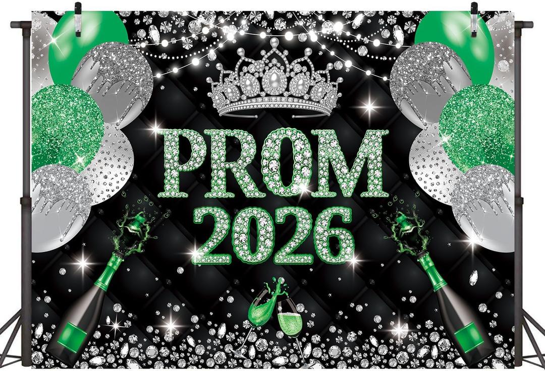 Prom Night Backdrop Prom 2026 Photography Background Black Green Congrats Grad Class of 2026 Graduation Party Decoration (Green, 7x5ft)