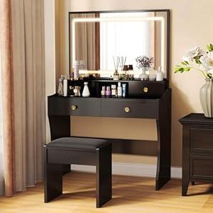 COMHOMA Makeup Vanity Desk with Mirror and Lights, Vanity Table and Chair Set with 4 Drawers and Charging Station, Bedroom Dresser LED Mirror Stepless Dimmable & 3 Color Modes Adjustable, Black