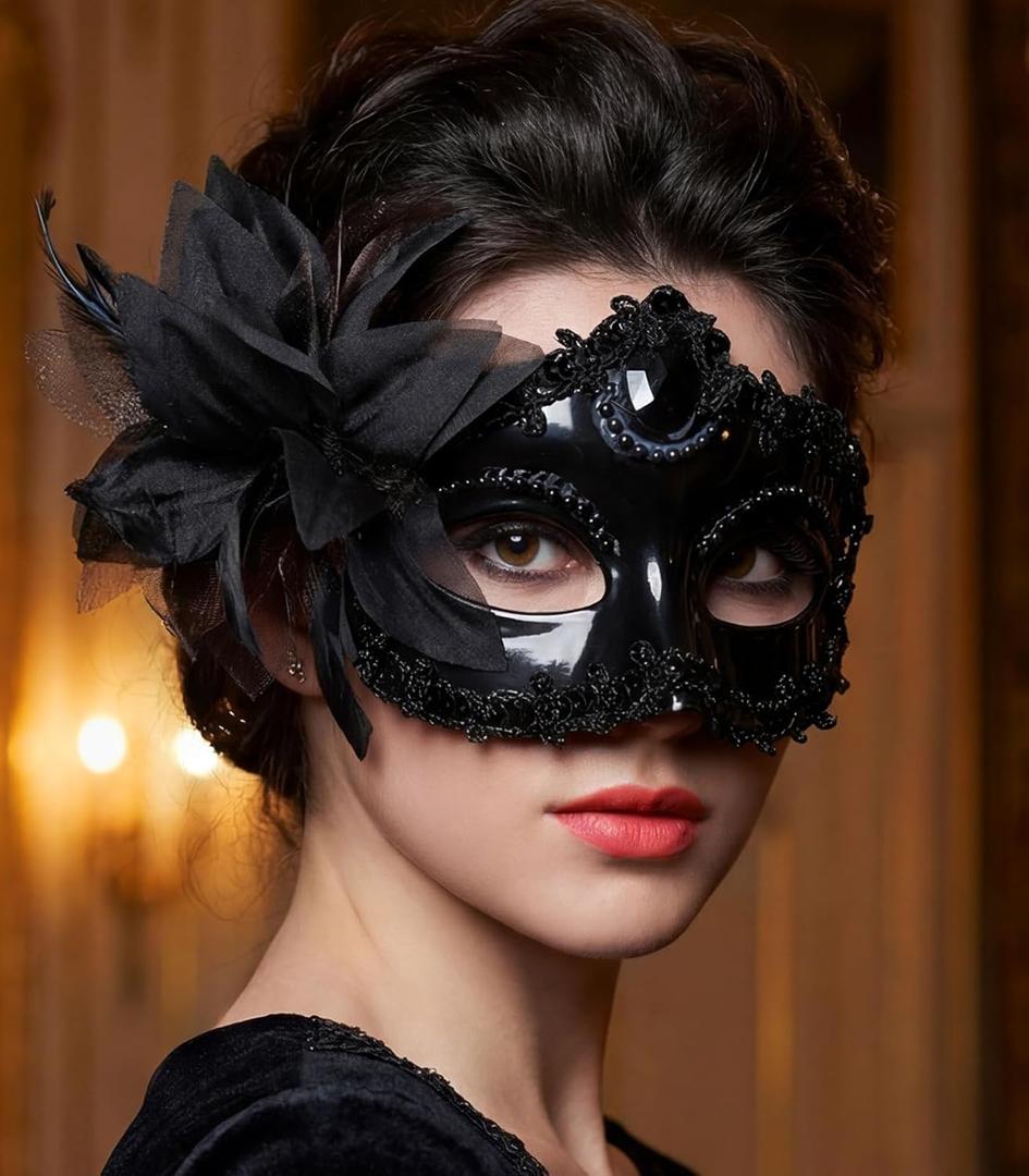 Black Masquerade Mask, Venetian Antifaz for Parties, Flower Lace Elegant Party Costume Accessories