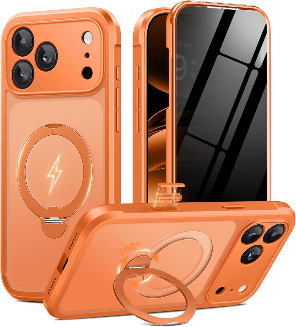 BERFY for iPhone 17 Pro Case, Compatible with MagSafe, Built in Privacy Screen Protector and 360 Spin Magnetic Stand, Anti-Spy Full Body Shockproof Matte Phone Case for 17 Pro 6.3", Orange