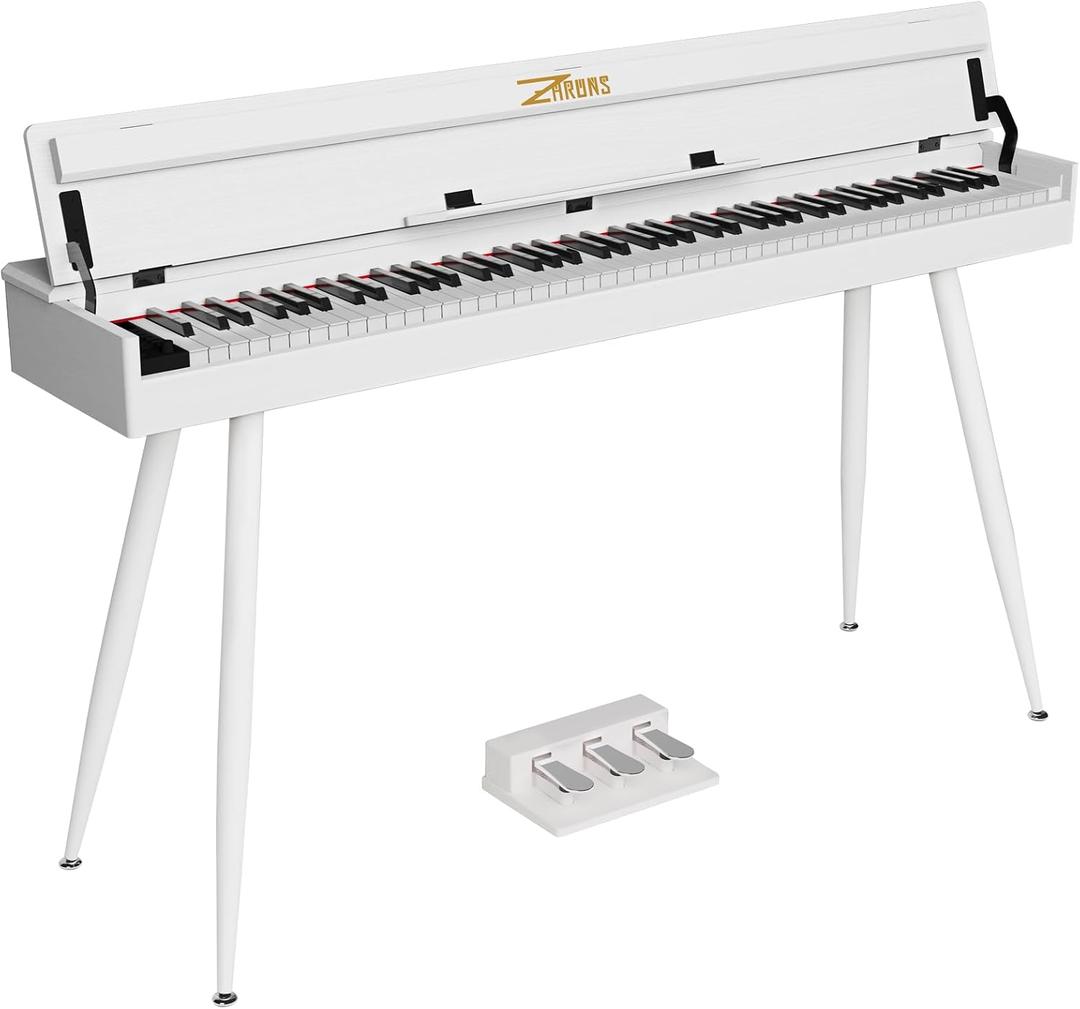88 Key Full-Weighted Digital Piano - Wooden Upright Electric Keyboard with Progressive Hammer Action, 3-Pedal Unit, Stand & Headphone Jack for Beginner Adults (White)