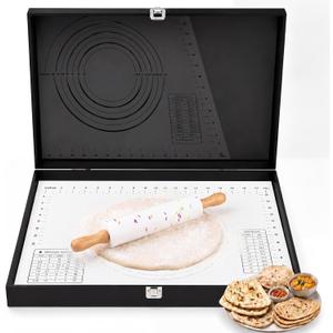 Geetery Roti Box with Lid, Roller, Silicone Baking Mat for Rolling Roti 19.7 x 15.8 x 3 Inch Roller Rotibox, Non Slip Kneading Board for Kitchen Chapati, Paratha, Puri, Dough Pie Crust Pastry
