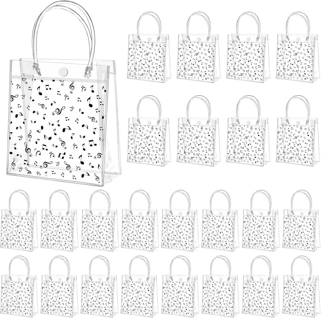 Tioncy 24 Pcs Musical Notes Party Favor Bags Musical Notes Clear Goodie Gift Treat Candy Goody Bags with Handle Music Gifts for Music Lovers Theme Birthday Party Supplies
