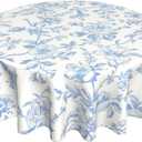 Baby Blue Floral Round Tablecloth 70 Inch Toile Blue Floral Chinoiserie Decor Table Cloth Vintage Flower Polyester Fabric Round Table Cover for Party Dining Picnic Kitchen Outdoor Decorative