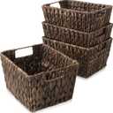 Casafield Set of 4 Water Hyacinth Storage Baskets with Handles - Espresso Brown, Woven Storage Bins for Shelves, Blankets, Laundry Organization
