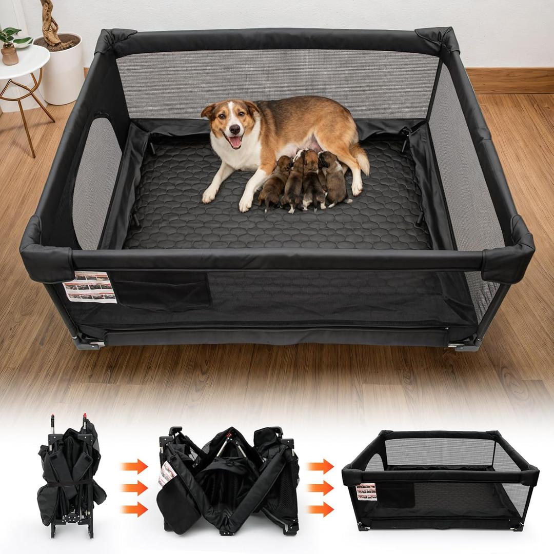 Foldable Whelping Box with Stainless Steel Rail - Stop Mom from Lying on the Pups 47x59x24inch Whelping Box for Dogs and Puppies Puppy Playpen Indoor Dog Cat Birthing Pen with Removable Waterproof Pad