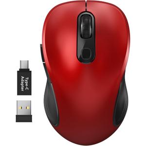 WisFox 2.4G Wireless Mouse for Laptop, Ergonomic Computer Mouse with USB Receiver and TypeC Adapter, 6 Button Cordless Mouse Wireless Mice for Windows Mac PC Notebook (Red)