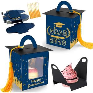 Graduation Cupcake Boxes Individual Cupcake Container Grad Cupcake Gift Boxes with Window for 2026 College Grad Party Bakery Wrapping (Blue-30pc)