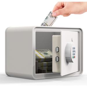 Kids Mini Safe Small Cash Box GoldenKey White Macaron 7x9.4x6.3 Money Security Safe with Coin & Bill Slot, Keypad & Key Lock, USB Backup, DIY Stickers, Piggy Bank for Home