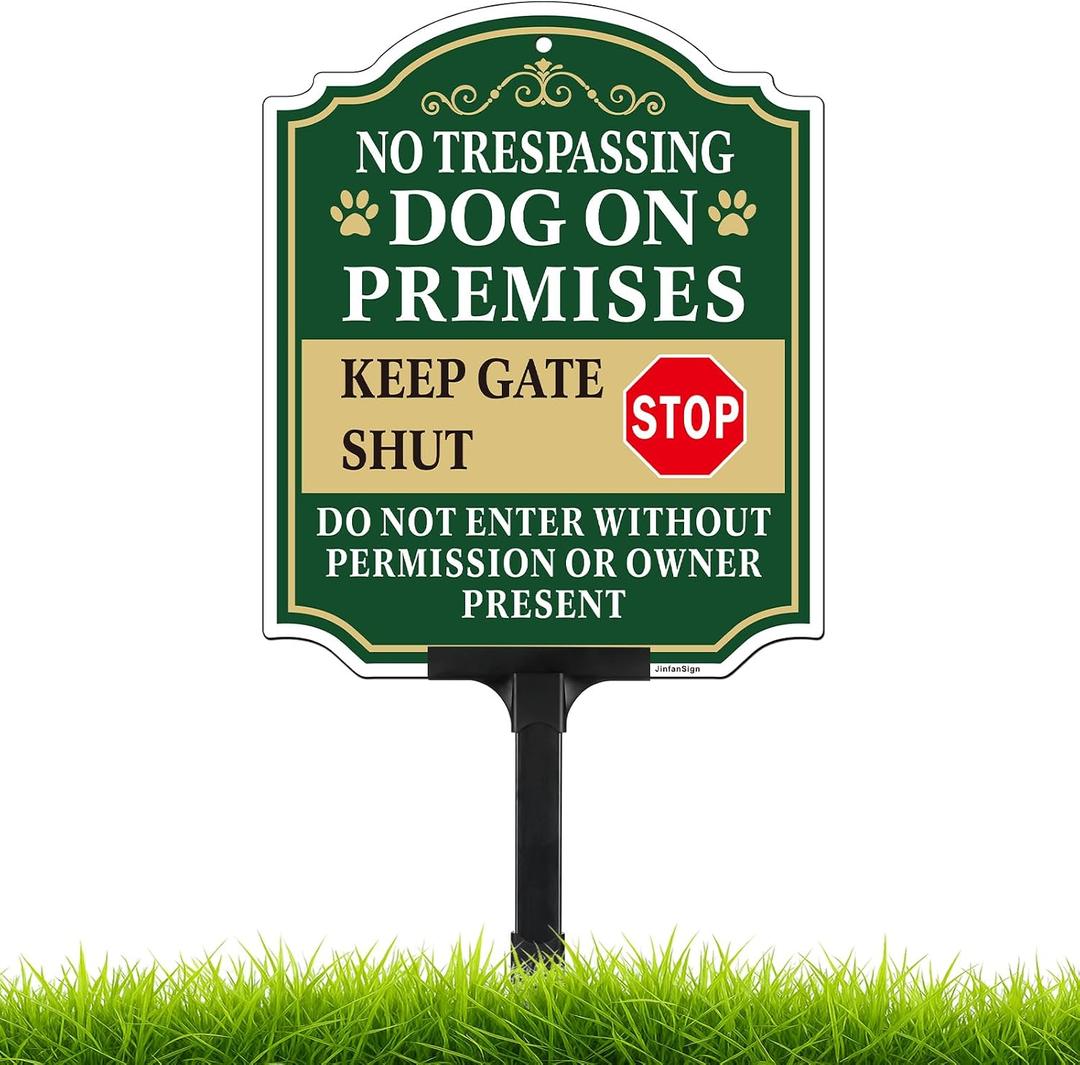 No Trespassing Dog on Premises Sign with Adjustable Height Stake Set, Beware of Dog Sign, 12x10 Inch/44 Inch High-50-Mil Thick Aluminum, Dog on Duty Signs for Yard, Plug and Play Ready, 44x10Inches