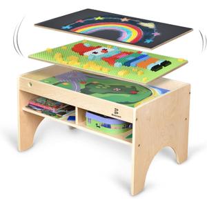 Kids 3-in-1 Wooden Art & Activity Table Playset Furniture with 4 Compartments for Storage, Play Table Compatible with Blocks&Bricks and Train Set for Preschool Toddler Boy & Girl (STD.)