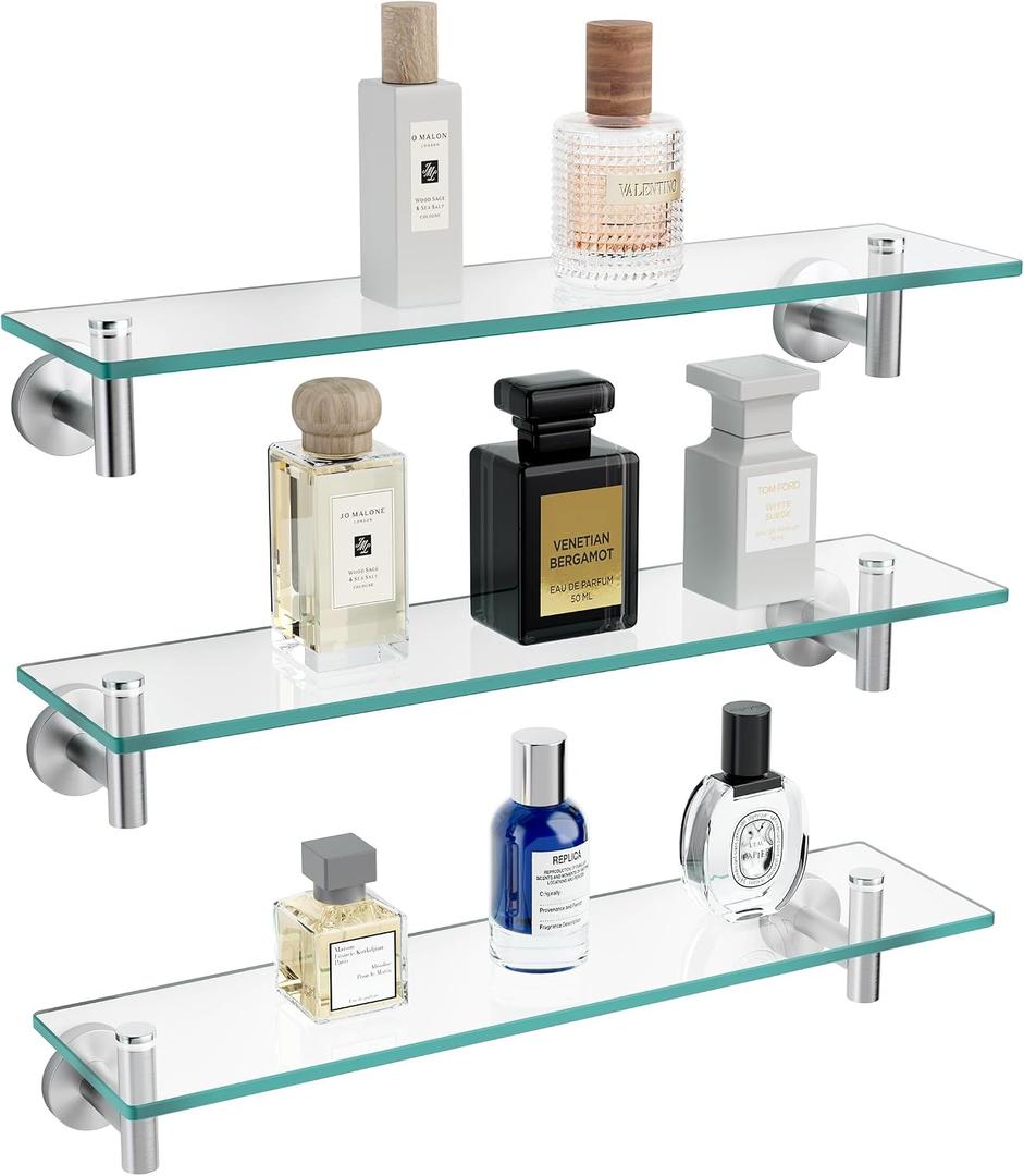 KES Glass Shelf for Bathroom, Floating Glass for Wall Shelves 20-Inch 3 Pack Rectangular Stainless Steel Brackets Wall Mounted Brushed Finish, A2021-2-P3, 20.08D x 5.71W x 3.19H in