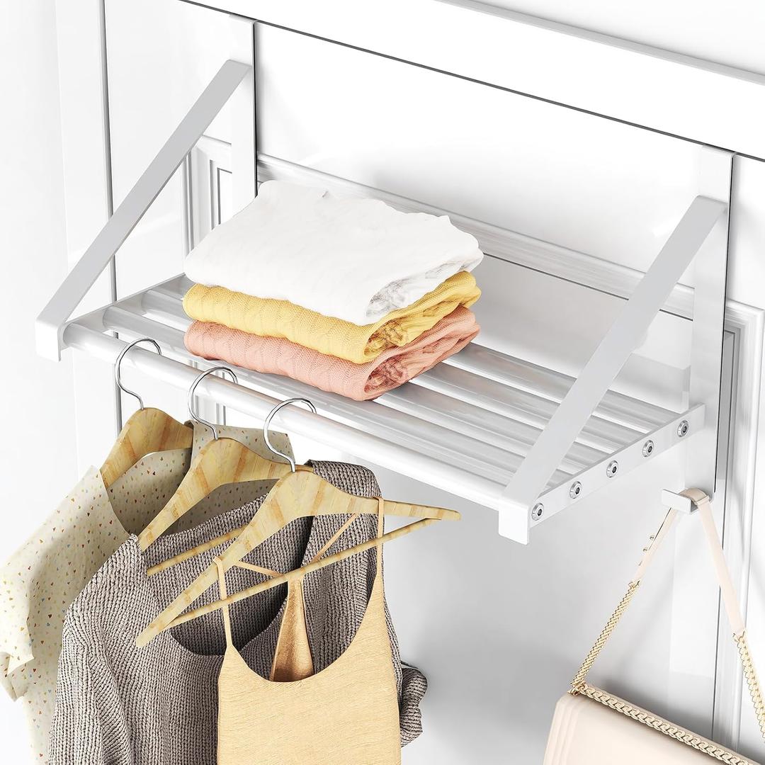 Over The Door Clothes Hanger with 2 Hooks, Stainless Steel Over The Door Hangers for Clothes with Storage Rack, Clothing Hanger Drying Racks for Laundry, Washroom, Fits Door Up to 1.77", White