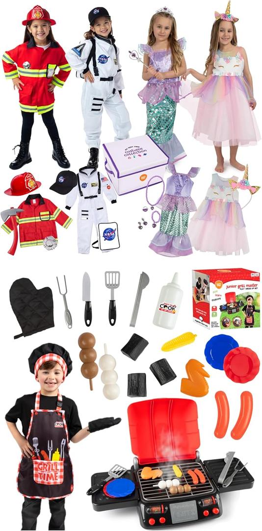 Born Toys Toddler Dress Up Clothes for Little Boys & Girls, Washable Kids Costumes for Girls 3-7, 4-in-1 Costume Set and Grilling Set