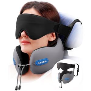 Travel Pillow for Airplane,Neck Pillow with Strap,Combo 3D Eye Mask for Sleep,Dual-Density Supportive Foam Travel Neck Pillow for Airplane Flights,Car Road Trip Travel Essentials Grey