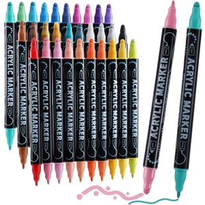 30 Colors Waterproof Dual Tip Acrylic Paint Pens, Dot & Fine Tip Premium Coloring Drawing Markers Set for Wood, Rock Painting, Canvas, Glass, Ceramic Surfaces and DIY Crafts Making Art Supplies
