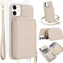 Phone Case for iPhone 12 Pro iPhone12 6.1 Wallet Cell Cover with Tempered Glass Screen Protector Crossbody Strap Lanyard RFID Blocking Credit Card Holder iPhone12pro 5G i 12s 12pro Women Girls Beige