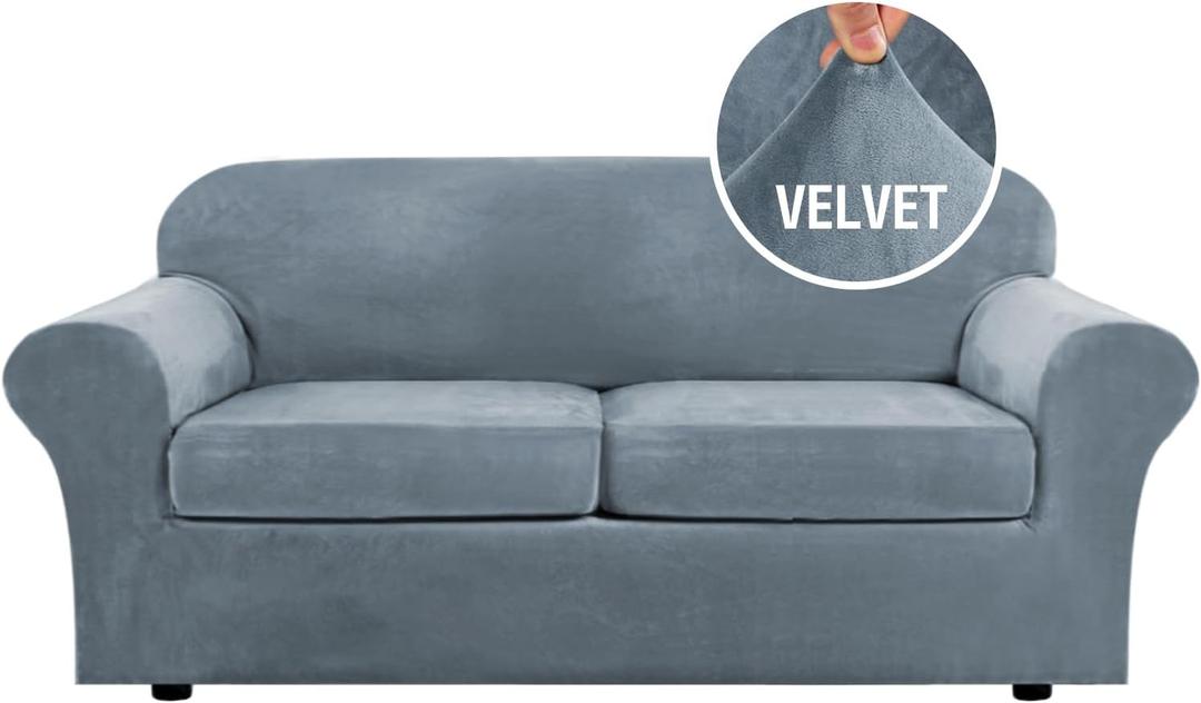 H.VERSAILTEX Real Velvet Plush 3 Piece Stretch Sofa Covers Couch Covers for 2 Cushion Couch Sofa Slipcovers Width Up to 90 Inch Feature Thick Soft Stay in Place (Large Sofa, Stone Blue)