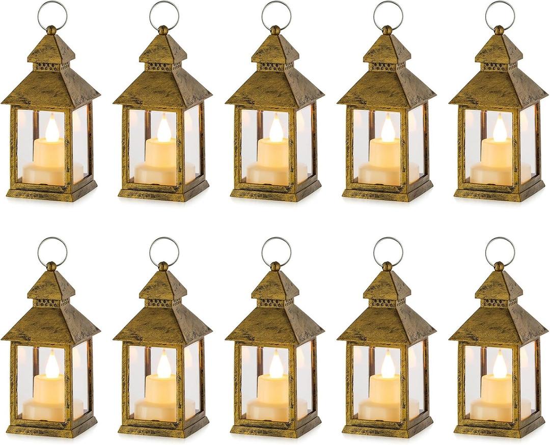 Mini Lanterns Decorative for Centerpiece -10 PCS Hanging Small Gold Lantern Bulk with Flickering LED Candles for Wedding Table Decor Halloween Decorations Christmas, Batteries Included