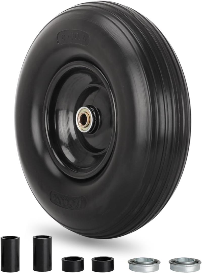 13" Wheelbarrow Tire, 4.00-6 Flat-free Solid Tire and Wheel, with 5/8" or 3/4" Bearings, 1.75" Centered Hub for Wheelbarrow/Wagon/Trolley/Garden Scooter Cart (13x4.00-6 Flat Free)