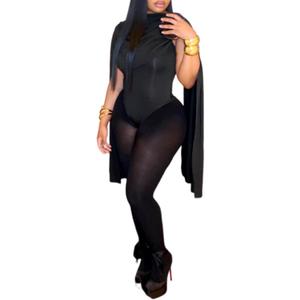 Ryehack Sexy Two Piece Outfits for Women Cap Sleeve Cowl Neck Bodysuit Top and Mesh Tights Set Jumpsuits Night Club Outfits (Black), M