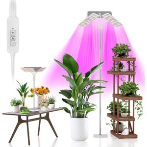 KINGPLUS Grow Lights with Stand, Three Heads, Full Spectrum LED Grow Light for Indoor Plants, 360 Leds, 4 Dimmable Levels, Timer 4/8/12h, 1260inches Height Adjustable, 48w, Ideal for Desk Small Plant
