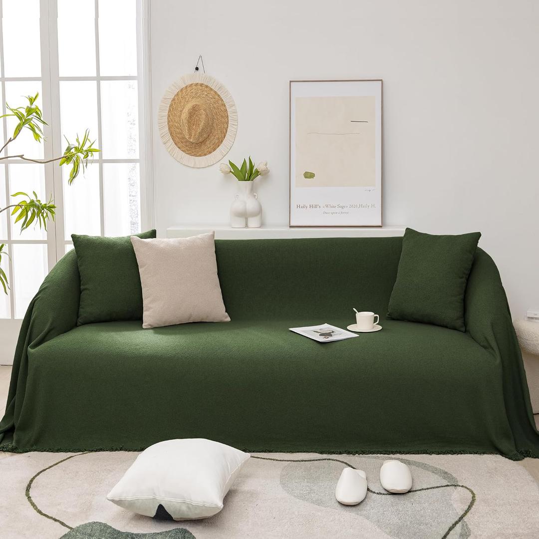 Sofa Covers Washable, Couch Cover for Grand Sofa, Soft Cozy Couch Protector for 3 Cushion Couch, Oversized Covers for Sectional Sofa, Solid Green Chenille Fabric with Tassels, 71"x 134"