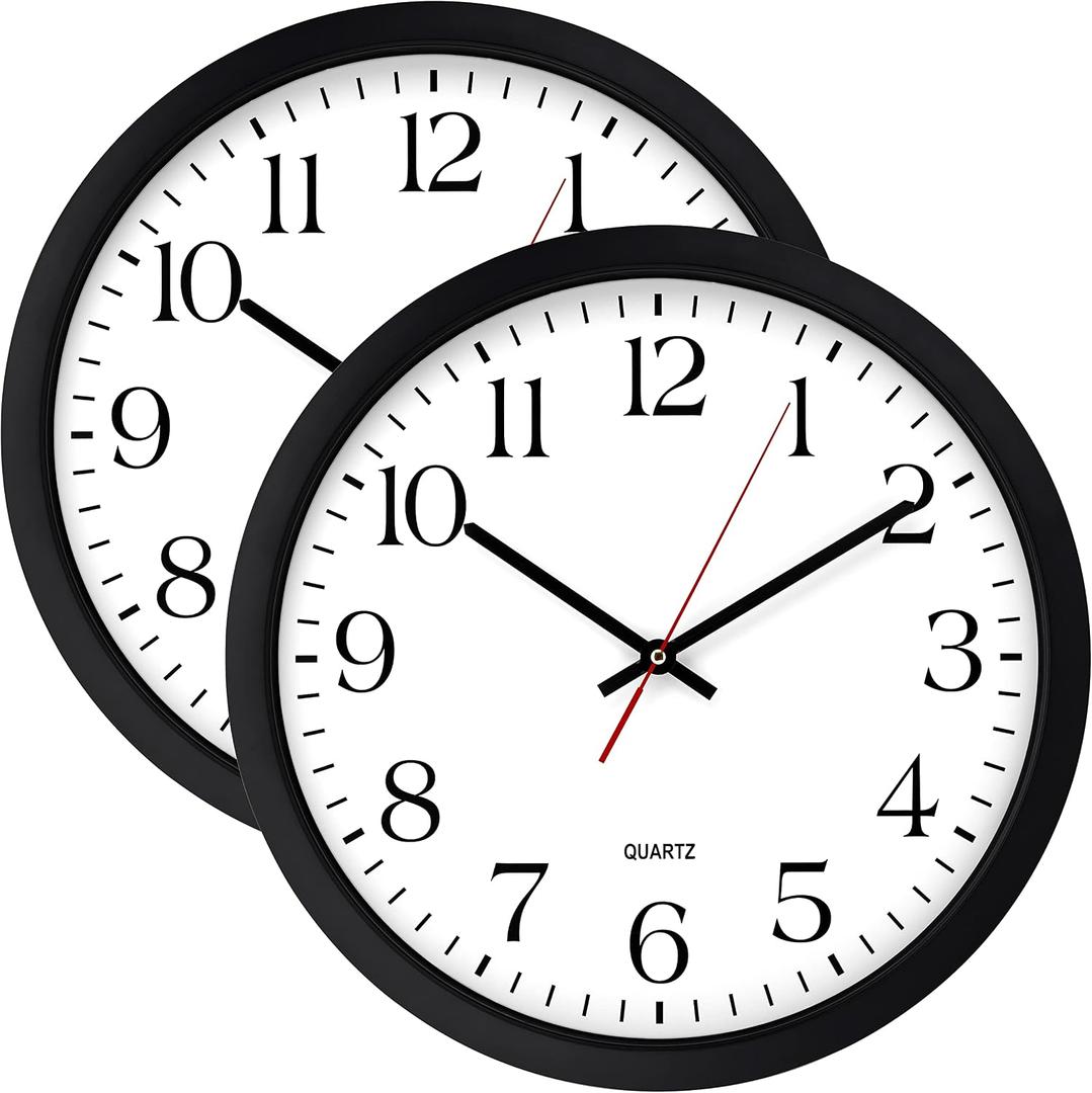 Bernhard Products Black Wall Clock 2 Pack, Silent Non Ticking - 16 Inch Extra Large Quality Quartz Battery Operated Round Easy to Read Home/Office/Business/Kitchen/Classroom/School Clocks