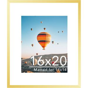 JCJMY 16x20 Picture Frame with 11x14 Mat, Display Photo 11x14 with Mat or 16 x 20 Without Mat, Wall Hanging Large 16 by 20 Poster Frame with Plexiglass, Gold