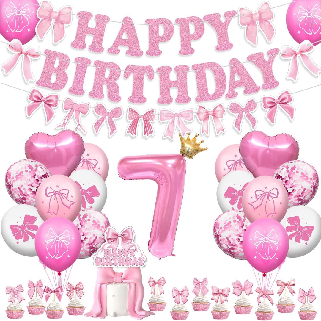 46Pcs Pink Bow Birthday Party Decorations Include Happy Birthday Banner-Cake Topper-Cupcake Toppers-Balloons-Backdrop for 7th Birthday Decorations for Girls
