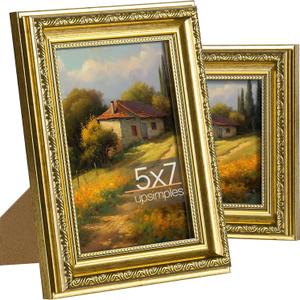 upsimples 5x7 Picture Frame with Real Glass, Ornate Vintage 5 x 7 Photo Frames for Wall Decor or Tabletop Display, Gold, Pack of 2