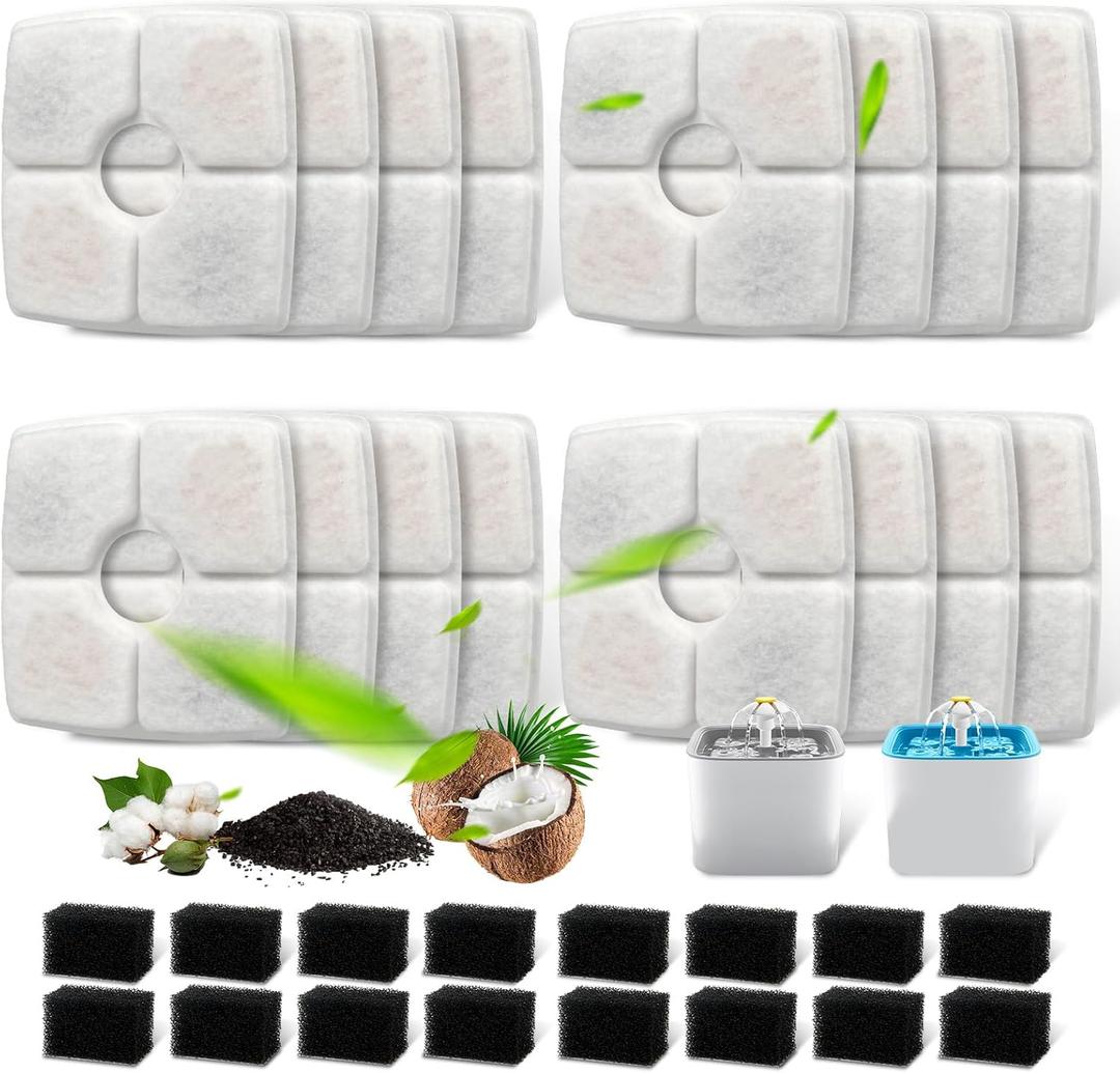 Replacement Filters & Pre-Filter Sponges (16 + 16 Pack) for Veken 84 oz / 2.5L Pet Fountain, Triple Filtration System Filter Set for Cat Water Fountain & Dog Water Dispenser