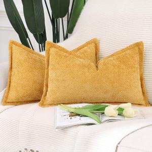 MADIZZ Chenille Velvet Throw Pillow Covers with Flange Set of 2 Super Soft Boho Textured Pillow Covers Decorative Throw Pillowcases Modern Farmhouse Home Decor for Sofa Bedroom Yellow 12x20 Inch